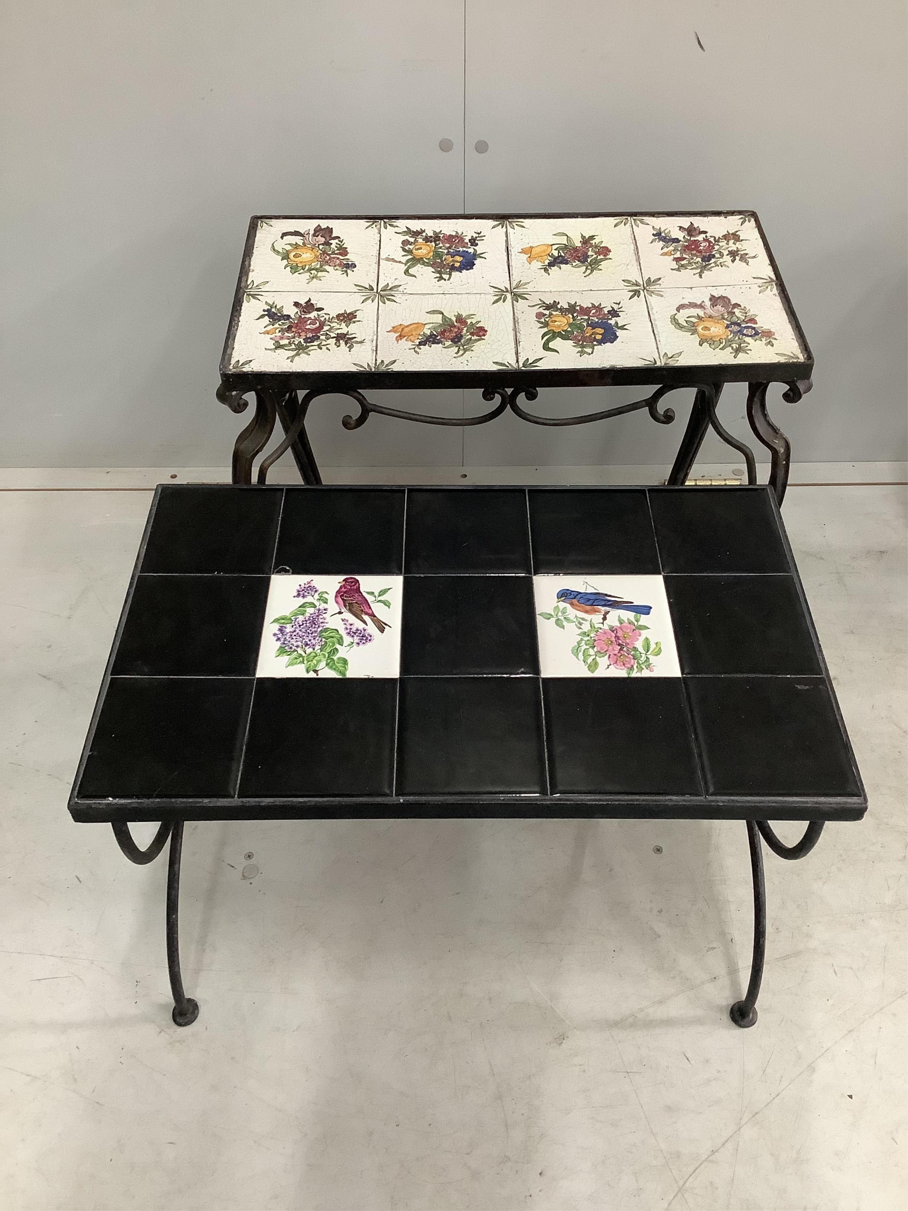 Two mid century wrought iron tiled top coffee tables, larger width 55cm, depth 30cm, height 46cm and a pair of yew joint stools. Condition - fair